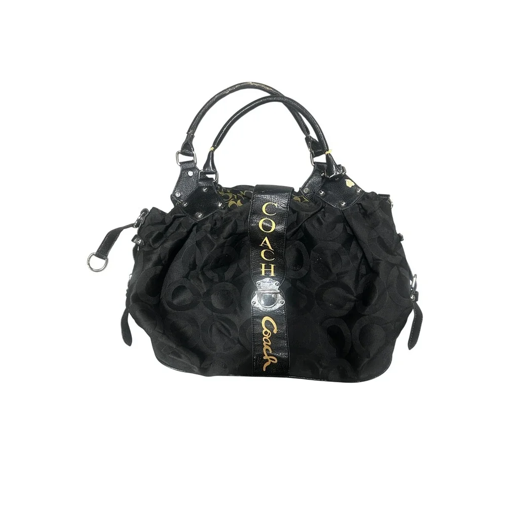 Coach Black Signature Jacquard Leather Satchel Shoulder Bag Turnlock Pleated